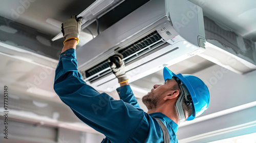 A man is seen diligently working on a ceiling air conditioner, conducting installation or repairs