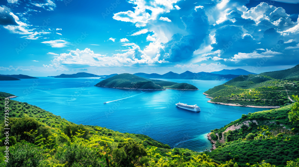 A vast body of water surrounded by vibrant, green hills in the tropical bay, with a cruise ship sailing peacefully
