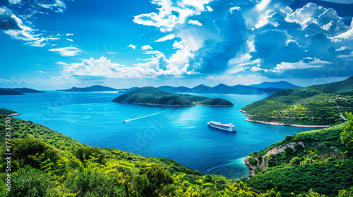 A vast body of water surrounded by vibrant, green hills in the tropical bay, with a cruise ship sailing peacefully