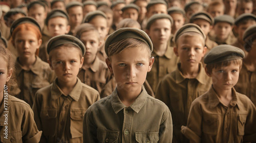 Army formation of children, in military style uniforms, preparing to become soldiers.