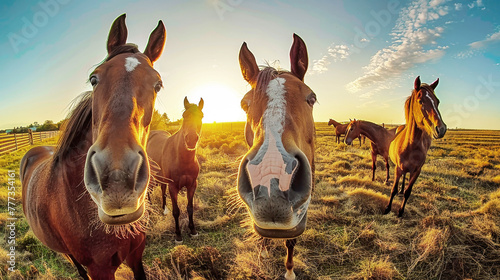 A collection of horses standing gracefully on a lush field covered in green grass photo