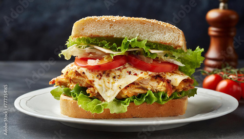 Spicy chicken sandwich with melted cheese, mayo, lettuce leaves and tomatoes. Tasty fast food.