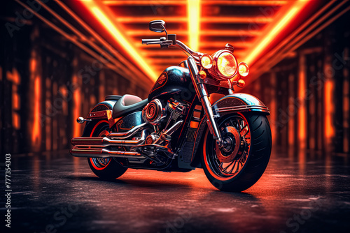 A colorful motorcycle with a neon light on the front wheel. photo