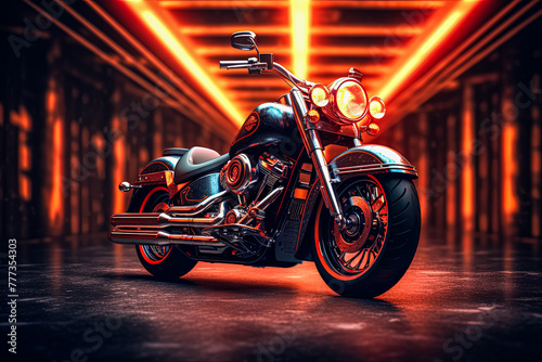 A colorful motorcycle with a neon light on the front wheel.