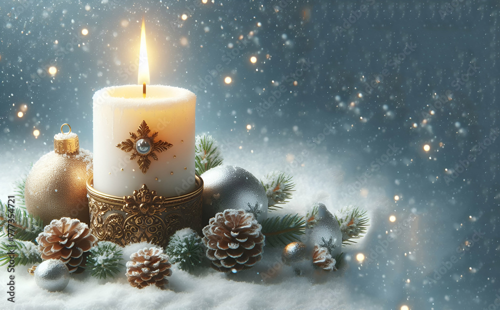 Christmas decorations, fir twigs, baubles, burning candle, copy-space with peastel background, generative ai