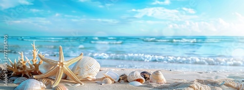 Beautiful beach with white sand  starfish and corals on the shore  blue sky  summer vacation concept banner background  panoramic view. Shells in the sand.