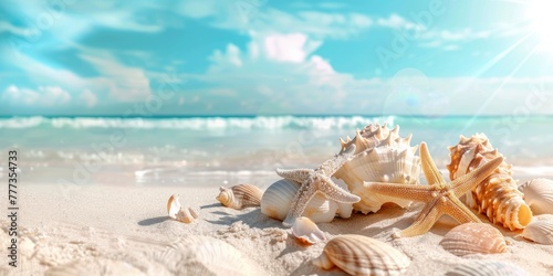 Beautiful beach with white sand, starfish and corals on the shore, blue sky, summer vacation concept banner background, panoramic view. Shells in the sand. © MEHDI