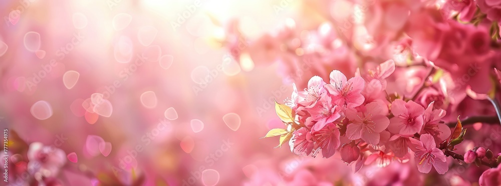 Beautiful pink flowers background with spring blossoms and pastel colors. Easter concept, springtime, wedding or love theme.