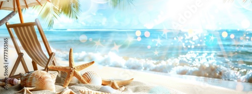 Beautiful tropical beach with white sand, starfish and conch shells on the shore, palm tree umbrella chair, blue sky with bokeh sunlight banner background photo