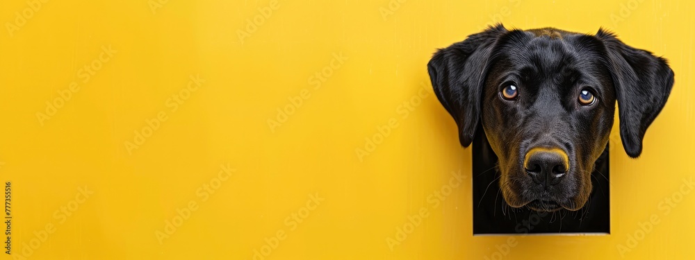 Labrador Retriever peeking out of the hole, isolated on yellow background, flat lay banner with copy space for design template