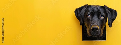 Labrador Retriever peeking out of the hole, isolated on yellow background, flat lay banner with copy space for design template photo