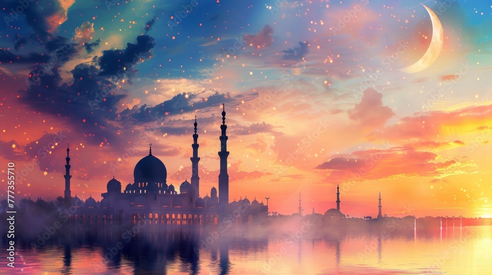 mosque with crescent moon and colorful sky background for Ramadan Kareem or Eid Mubarak concept.