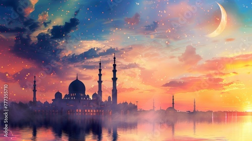 mosque with crescent moon and colorful sky background for Ramadan Kareem or Eid Mubarak concept.