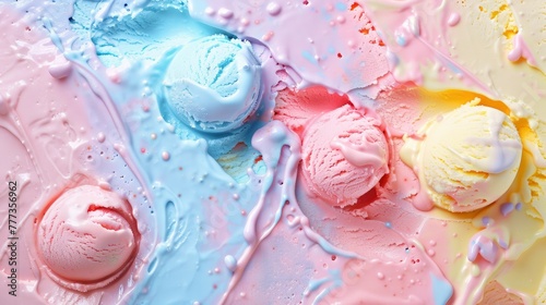 rainbow colored ice cream background, colorful ice creams, ice meditation, vibrant color palette, pastel colors, top view © MEHDI