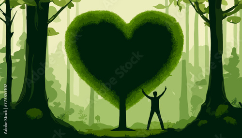 Ein grüner Baum in Herzform. Ein Mensch mit nach oben gestreckten Armen steht daneben. 