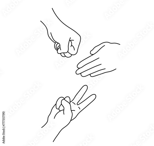 Vector isolated roshambo hands game rock paper scissors hand gesture three friends colorless black and white contour line easy drawing photo