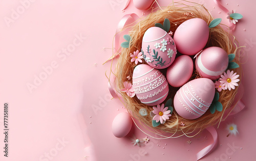 Pink eggs in a nest with pink flowers on a pink background, generative ai