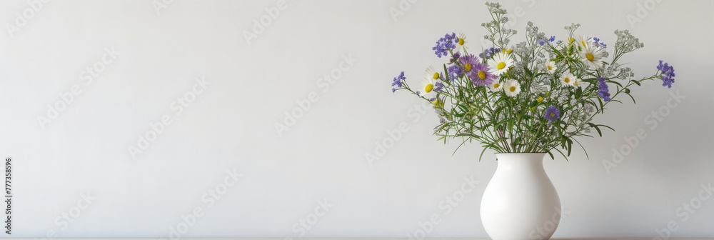 Fototapeta premium wildflowers in white vase on table on white wall background, 