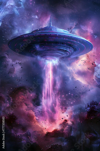Captivating Cosmic Encounter A Surreal Fusion of Futuristic UFOs and Ethereal Nebula Landscapes