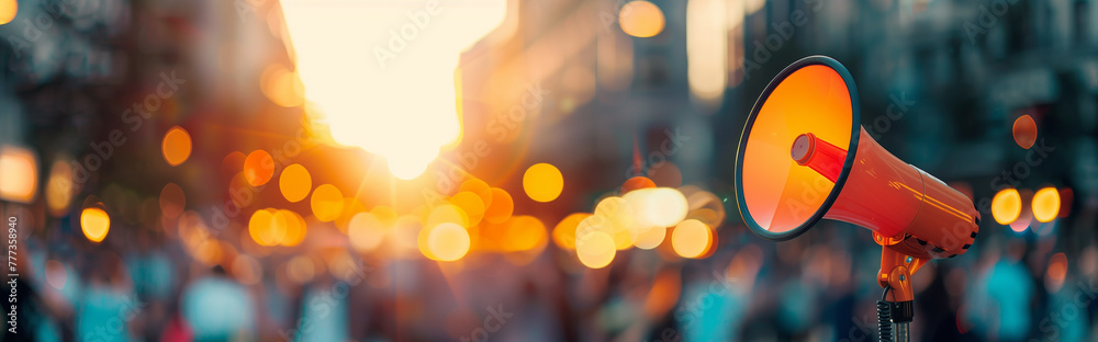 A bustling city square illuminated by the setting sun, an orange megaphone casting a vibrant glow amidst the bokeh lights - obrazy, fototapety, plakaty 