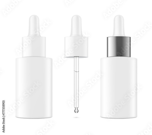 Dropper bottle with pipette mockup. Vector illustration isolated on white background. Front view. Сan be used for cosmetic, medical and other needs. EPS10.