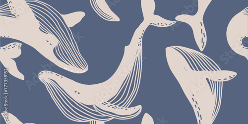 Seamless pattern with whales. Line art pattern for wallpaper, web page background, surface textures.
