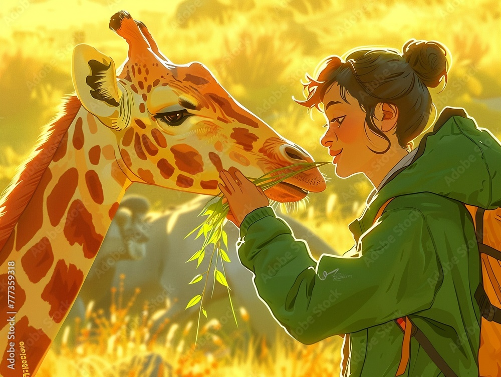 Animated zookeeper in green, feeding giraffe, side view, soft golden