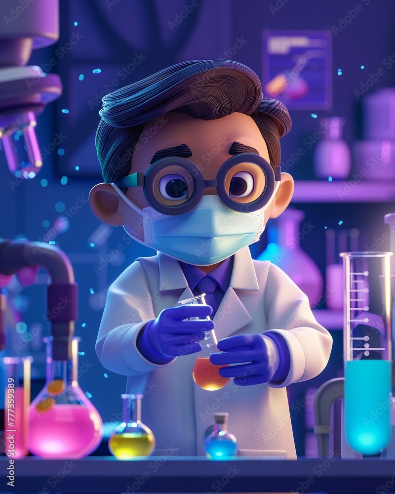 Cartoon scientist, protective mask, bubbling beakers, eyelevel ...