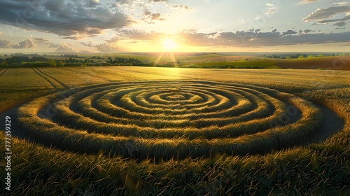 Captivating Spiraling Crop Circle Landscape at Sunset in Pastoral Countryside photo