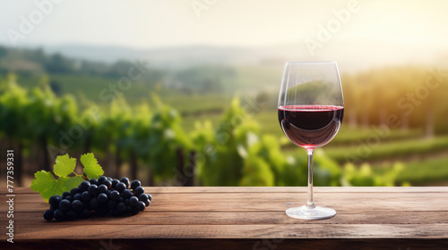 Wooden table with glass of fresh purple red grapes  red wine and free space on nature blurred background  vineyard field.