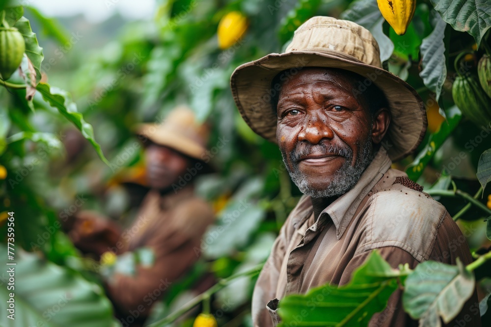An elderly man with a hat in a cacao farm smiling as he harvests