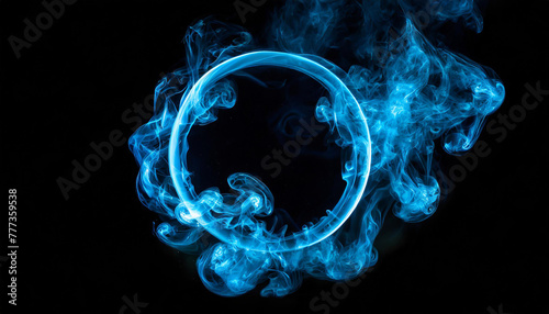 Blue smoke in form of circle isolated on black background.