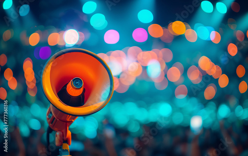 In a crowded concert hall, an orange megaphone rests on the stage, its glossy surface catching the colorful bokeh lights from the performance