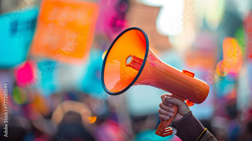 At a lively protest rally, an activist holds up an orange megaphone, the background blurred into a mesmerizing bokeh of colorful signs and banners © Nayan