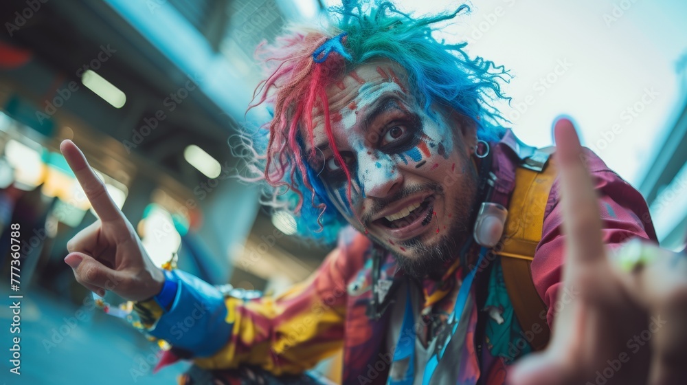 A man with colorful hair and makeup holding up two fingers, AI A man with colorful hair and makeup holding up two fingers, AI