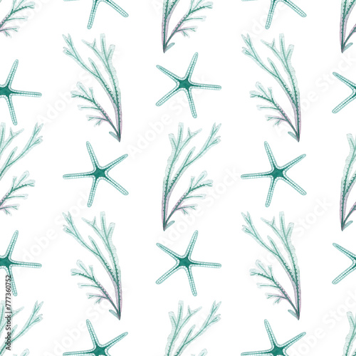 Seamless pattern with seaweed and starfish. Hand drawn underwater sea life colorful bright pattern with watercolor texture on the white background.
