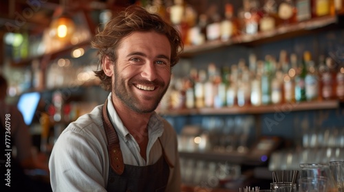 A man smiling at the camera while sitting behind a bar, AI © starush