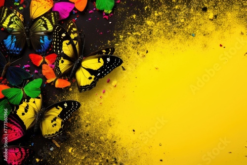 Multicolored Butterflies on yellow summer background with copy space for text.