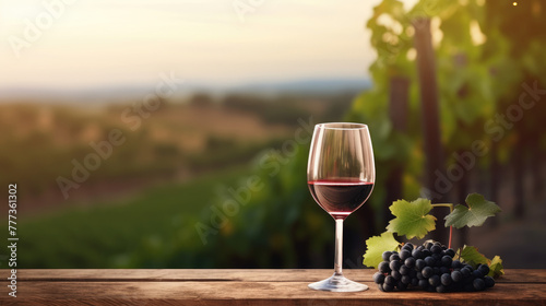 Wooden table with glass of fresh purple red grapes, red wine and free space on nature blurred background, vineyard field.