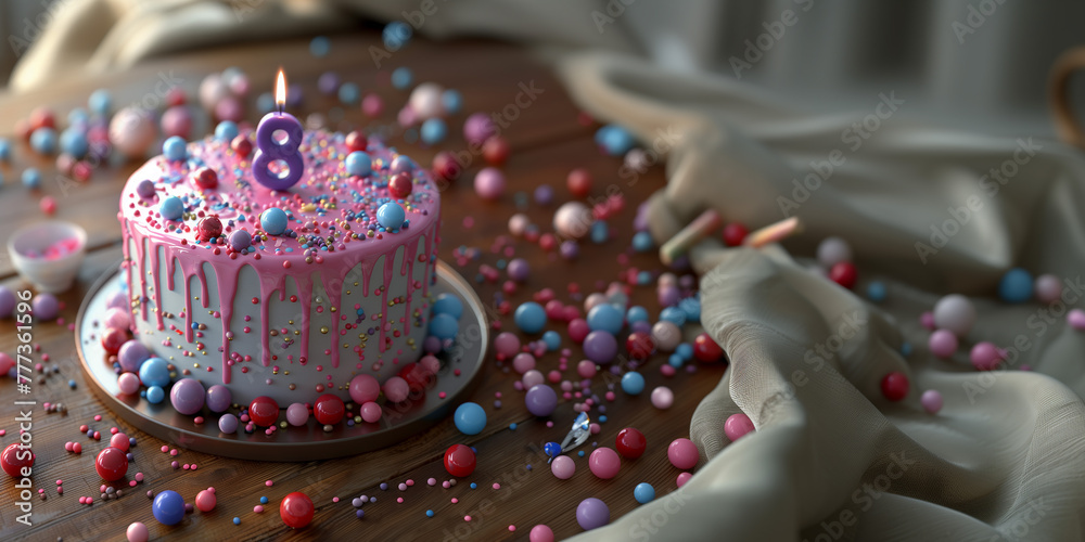 8th birthday cake, birthday invitation background, pink and purple birthday cake - obrazy, fototapety, plakaty 