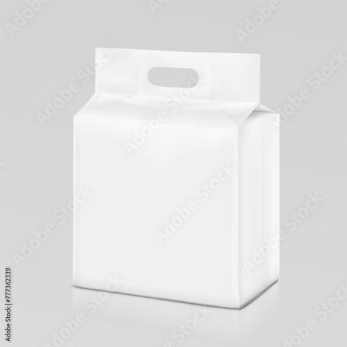 Realistic stand bag with hole handle mockup. Half side view. Vector illustration isolated on grey background. Ready for your design. Suite for the presentation of diaper, foods, wet wipes. EPS10.