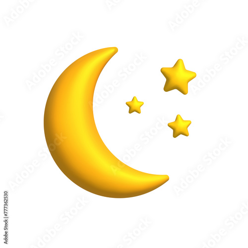  3d style cute moon with stars simple icon or illustration isolated on transparent background