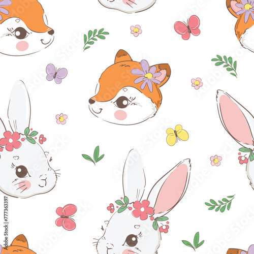 Hand Drawn Cute Fox and Little Bunny seamless pattern Vector Illustration, Woodland animal, Print for baby background textile for newborns design © Alsu Art