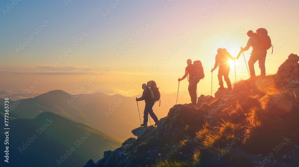 Silhouette of teamwork friendship climbing and hiking the top of mountain help each other