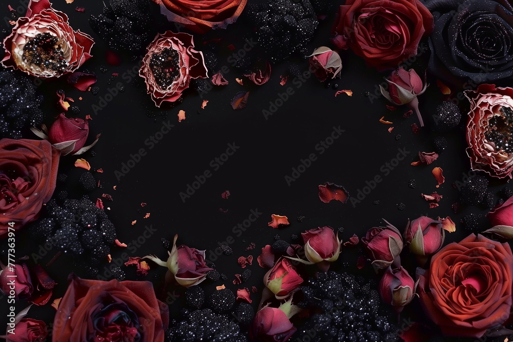 Dark frame with burned flowers and rose petals for breakup, heartbreak or condolence card. Empty place for  sentimental text, quote or sayings.