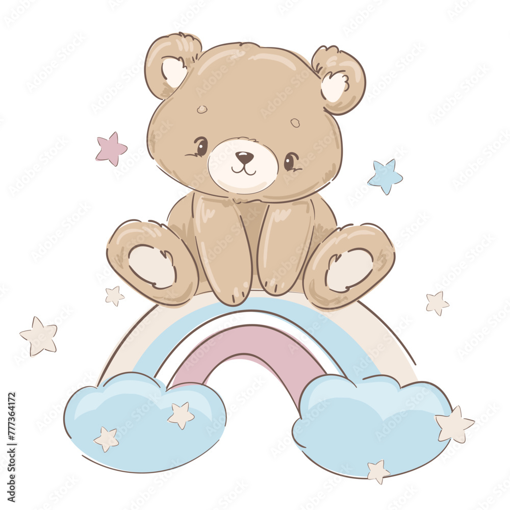 Obraz premium Hand Drawn Cute little Teddy Bear, vector illustration, Print for baby, newborns design