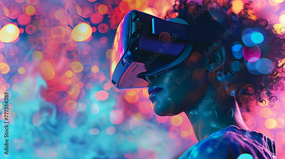 Close-up of a woman wearing a VR headset with colorful bokeh lights in background. Virtual reality Close-up of a woman wearing a VR headset with colorful bokeh lights in background. Virtual reality