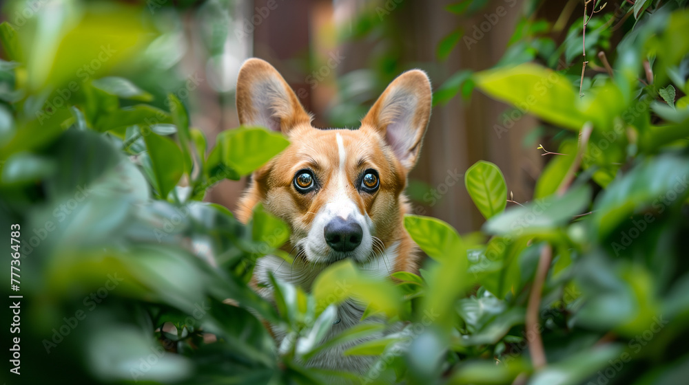 A curious corgi peeking out from behind a bush in its owner's garden