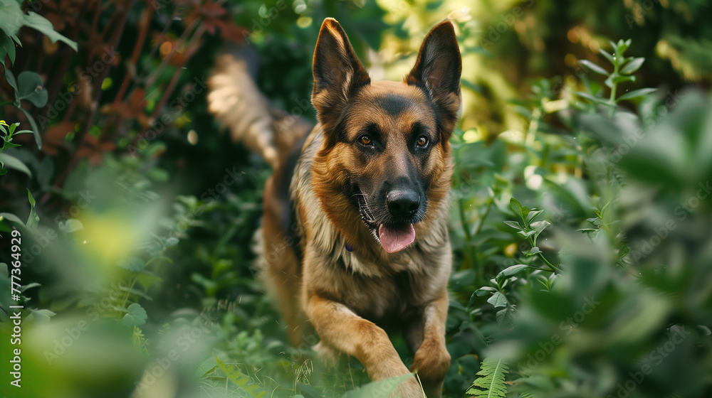 A loyal German shepherd bounding through the greenery of its owner's garden