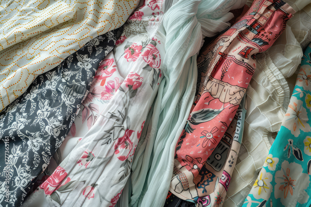 An assortment of female cotton summer clothing. Multicolored clothes dresses closeup, background for clothing store.